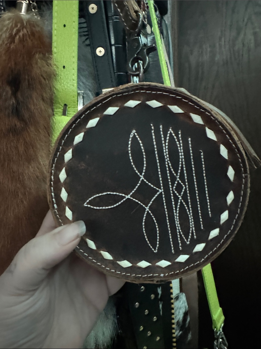 Brown Leather Round Wristlet Clutch with White Stitching